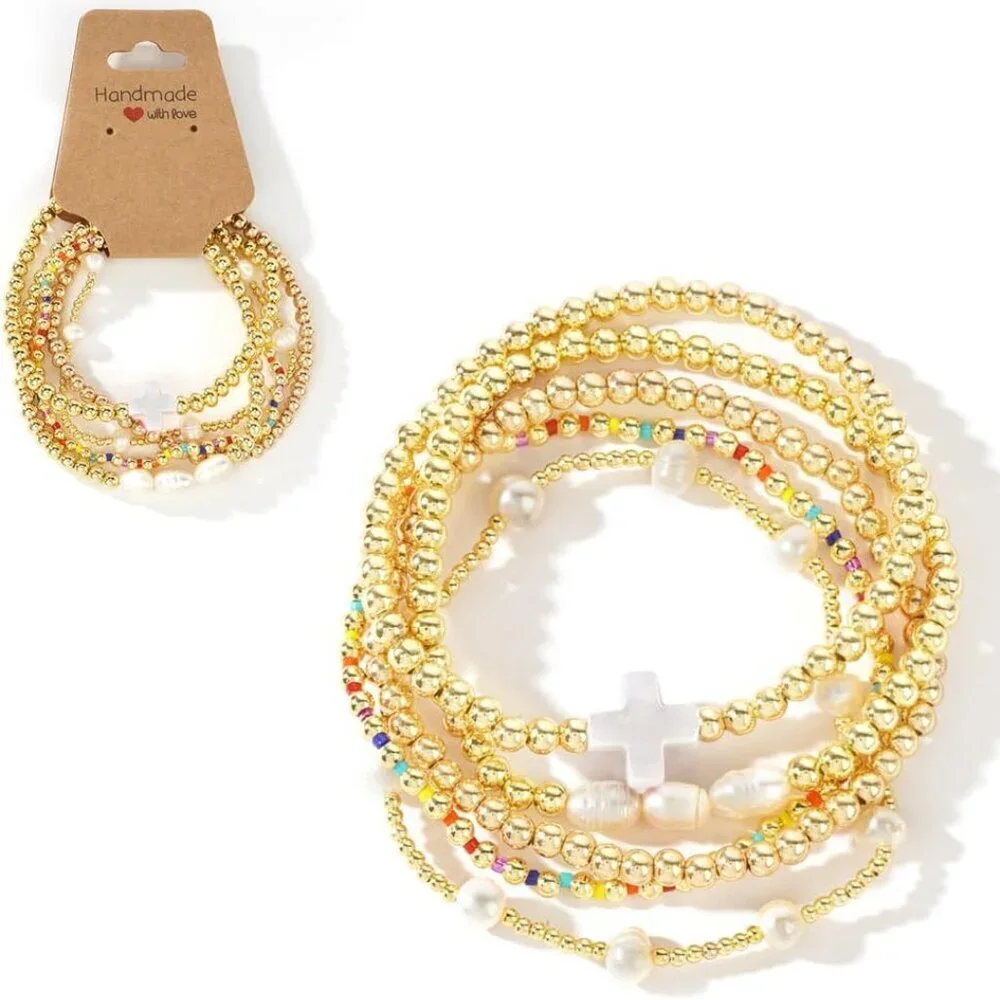 14K Gold Pearl Beaded Cross Bracelets Set for Women Boho Colorful Christian Jewe - Picture 4 of 6